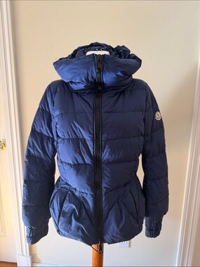 Moncler Blue Quilted Puffer Jacket with Hooded Funnel Neck